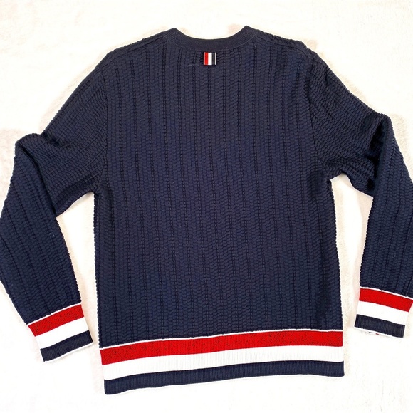 THOM BROWNE NAVY TEXTURED COTTON STRIPE RIB CREW NECK PULLOVER - Picture 7 of 16